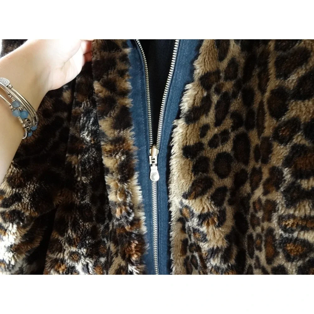 VTG Basic Editions Faux Fur Coat XL/2XL Brown‎ Leopard Print Y2K Zip Up Reverse